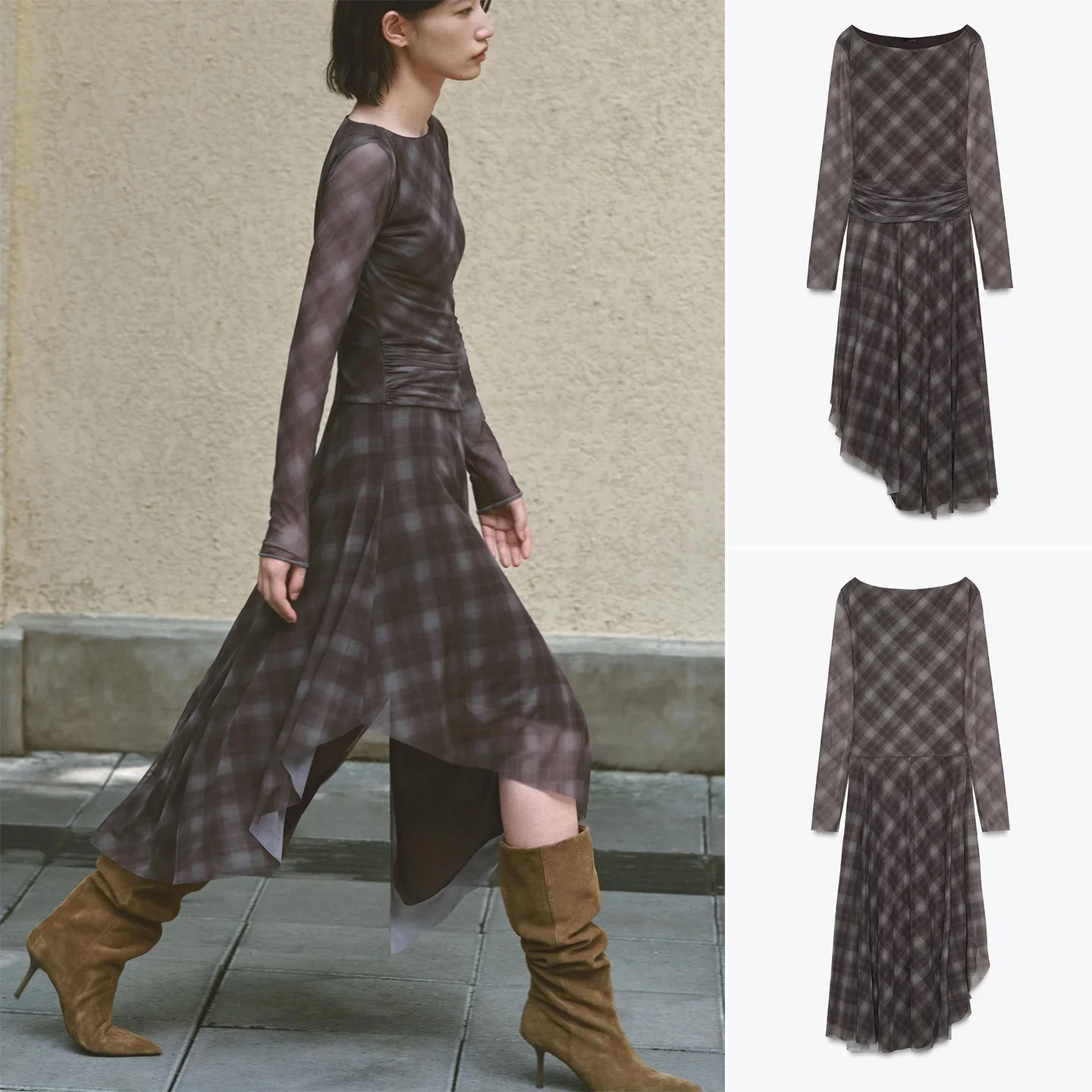 Outono feminino férias sle um ombro longo sve assimétrico em camadas xadrez rede de seda dr midi x versão solto ajuste