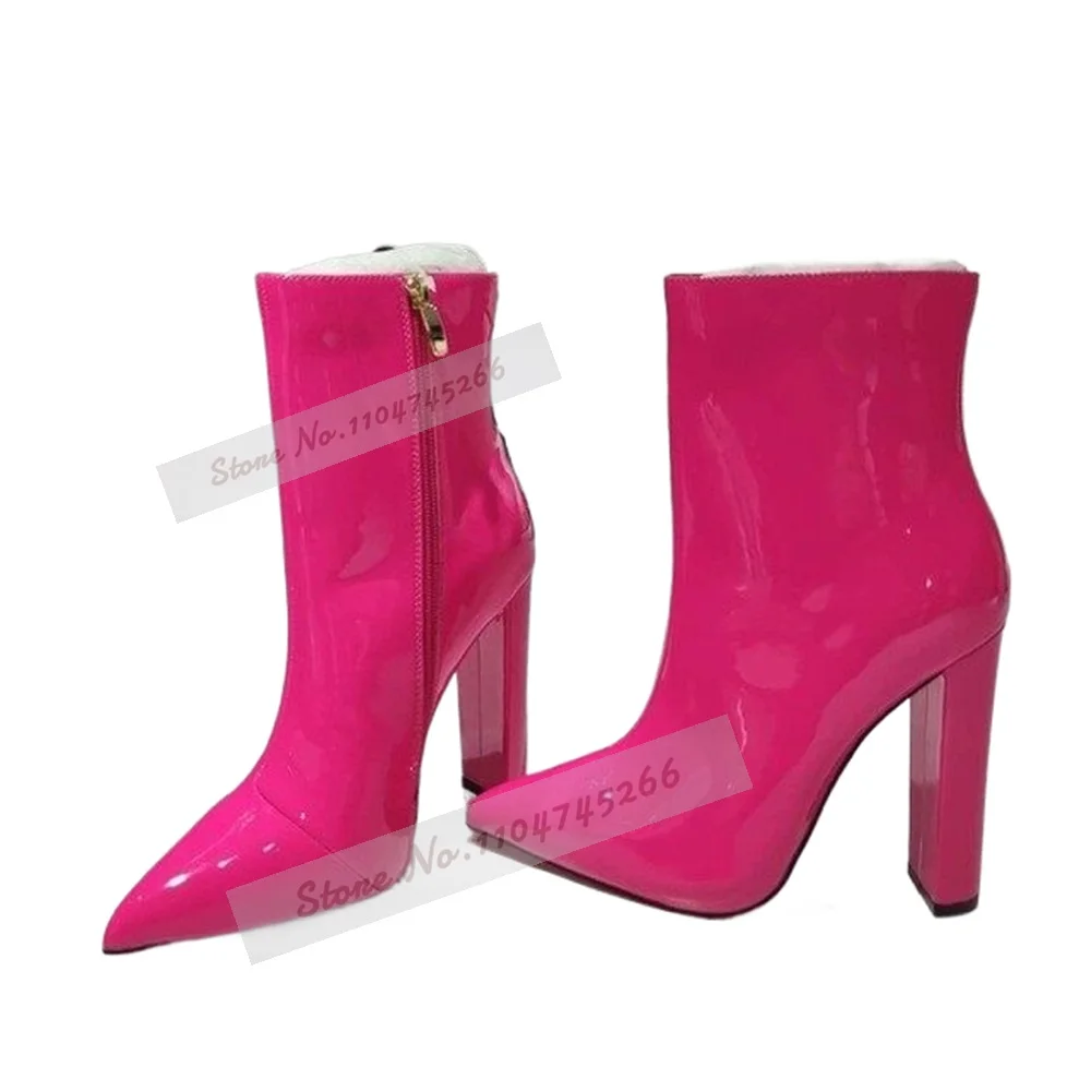 Hot Pink Chunky Heels Ankle Boots Shiny Mirror Leather Pointed Toe Booties Pointed Toe Zipped Dress Shoes Women Elegant Footwear