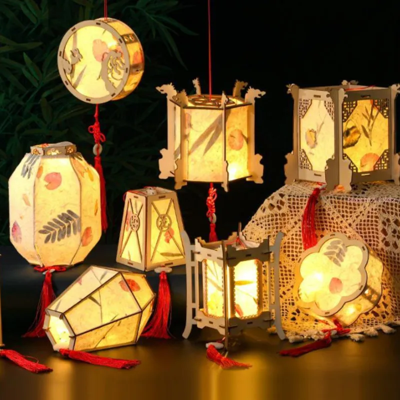 Mid Autumn Lantern Chinese Lanterns For Kids DIY Handmade Wooden Lantern Retro Style Lower Light Lamp Mid-Autumn Festival Gifts