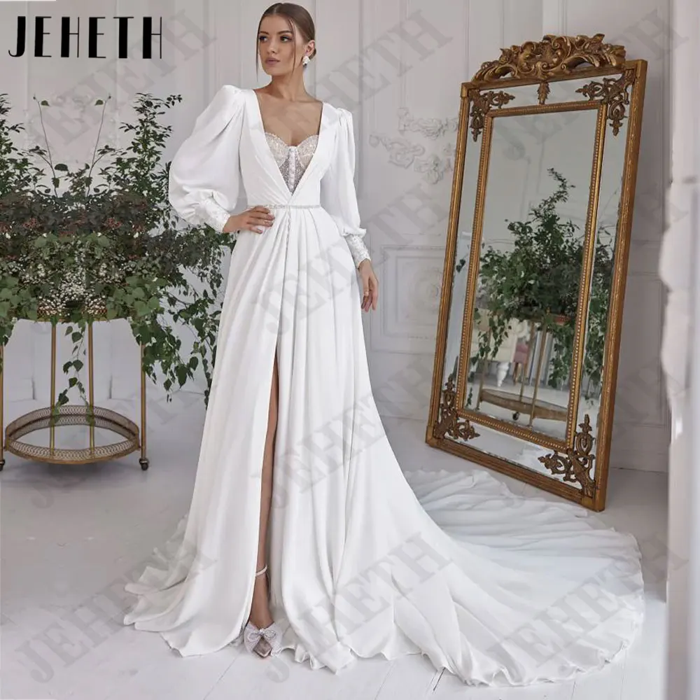 

JEHETH Sequined Chiffon A-Line Wedding Dresses Full Puff Sleeves Bride Gowns V-Neck Back Buttons Side Split robe de mariée 2024