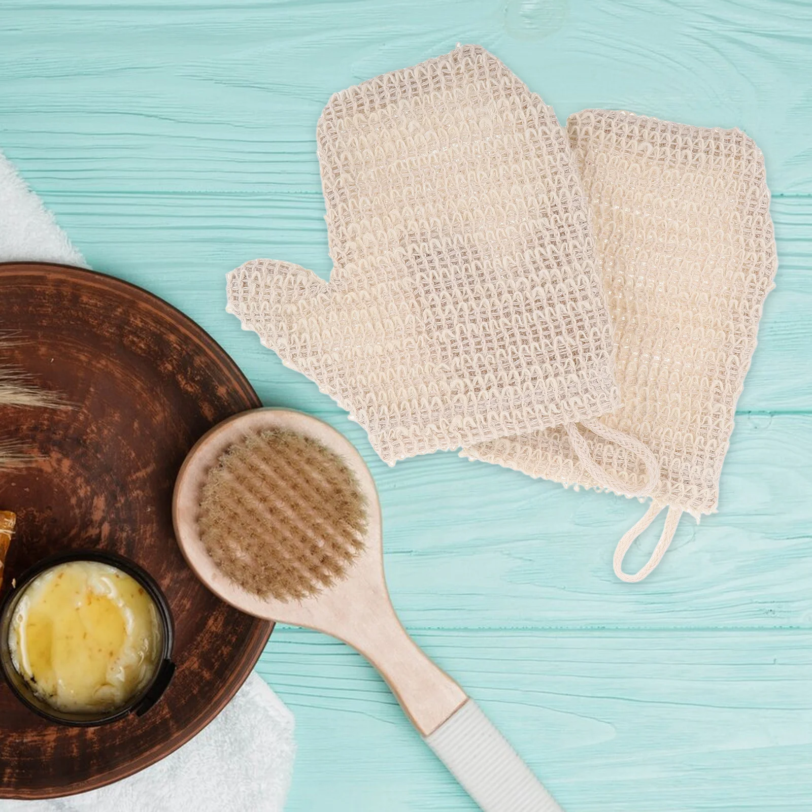 2 قطعة قفازات سنفرة الجسم القطن الكتان دش القفازات التقشير المزدوج الوجهين قفازات حمام لينة سبا الغسيل للرجال والنساء