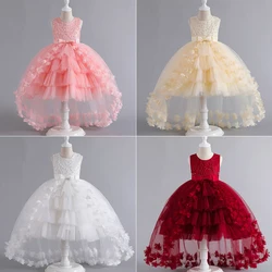 Teenagers Flowers Girls Dress Summer Sleeveless Dragging Tail Children's Princess Dress Walking Piano Performance Kids Clothes