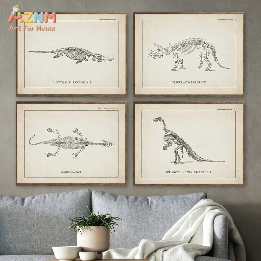 AZNM Unframed Canvas Print Vintage Dinosaur Skeleton Wall Art Retro Paleontology Sketch Home Decor Poster