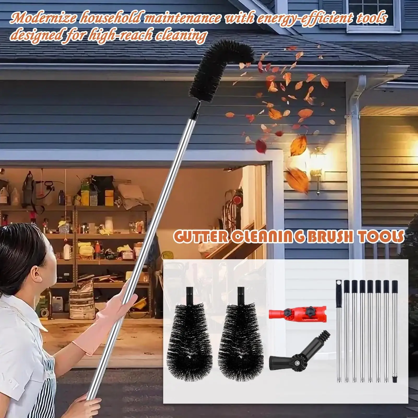 

Gutter Cleaning Tools Roof Cleaning Brush With Telescopic Pole No Ladder Needed 10.5 Ft Long Reach Pole For Roof Maintenance