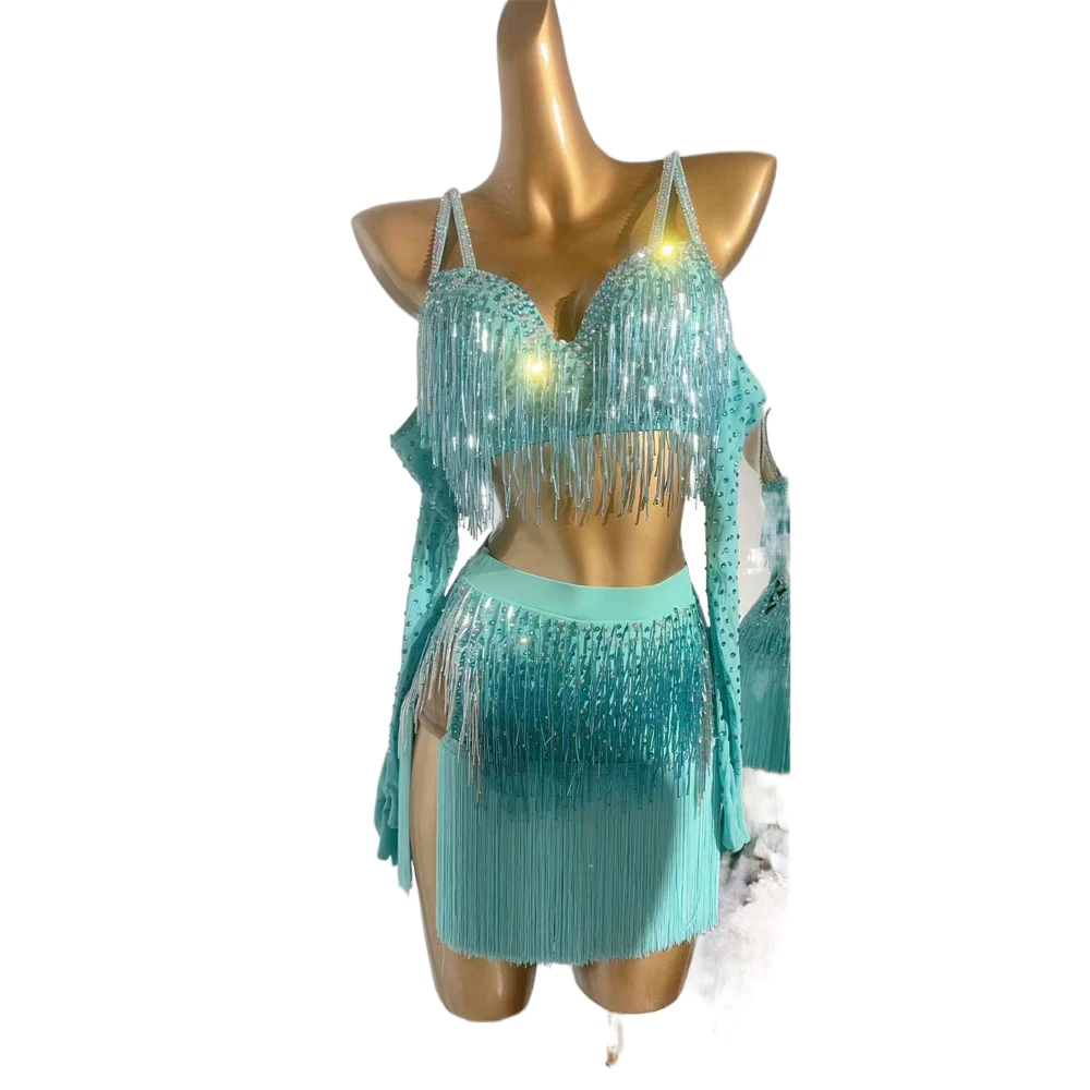 Latin Dance Dress High-end Customized Summer Limited Split Full Diamond Dance Dress Chacha Tango Stage Professional Clothing
