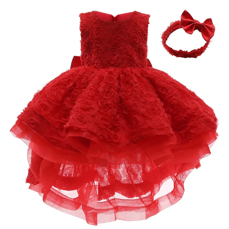 New Style Girl's Fashion Temperament Tuxedo Big Bow Dress Girl Flower Party Host Gauze Skirt Princess Dress + Headdress