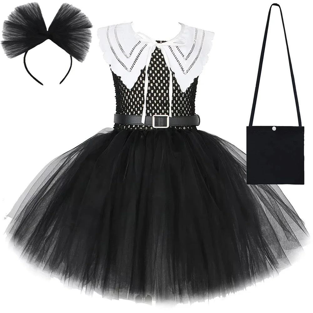 Girls Halloween Black Wednesday Addams Costume Carnival Dresses for Kids School Girl Outfit Preppy Clothes with Lace Collar Belt