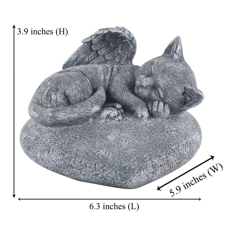 Angel Cat Memorial Garden Statue Stones Grave Markers with a Cat Sleeps on The Heart-Shaped Stone - Cat Garden Stones Cat Statue