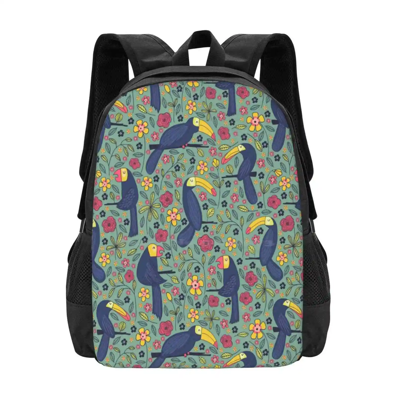 Pattern 83-Toucans And Parrots Tropical Dream School Bags For Teenage Girls Laptop Travel Bags Toucans Parrots Floral Rain