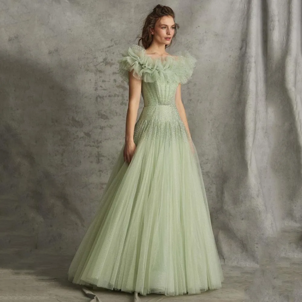 

Glitter Mint Green Prom Dresses Off-Shoulder A Line Evening Dress With Ruffles Floor Length Women Formal Occasions Wear