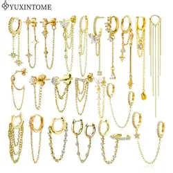 Women 925 Sterling Silver Ear Needle Double Chain Hoop Earrings Crystal Tassel Earrings Fashion Party Wedding Jewelry Gift 2022