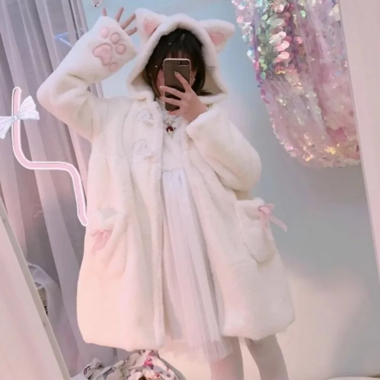 Harajuku Thicked Warm Lolita Jackets Autumn New Cat Ears Hoodie Tops Women Y2k E-Girl Long Sleeve Fluffy Coats Mujer