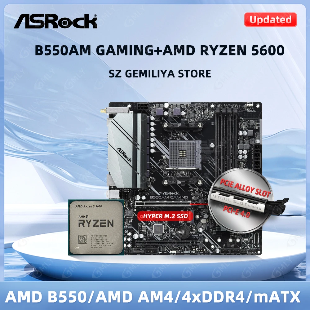 Asrock B550M Motherboard B550AM GAMING Motherboard + Ryzen 5600 cpu AM4 DDR4 64GB Micro ATX M.2 PCI Express 4.0 Micro ATX