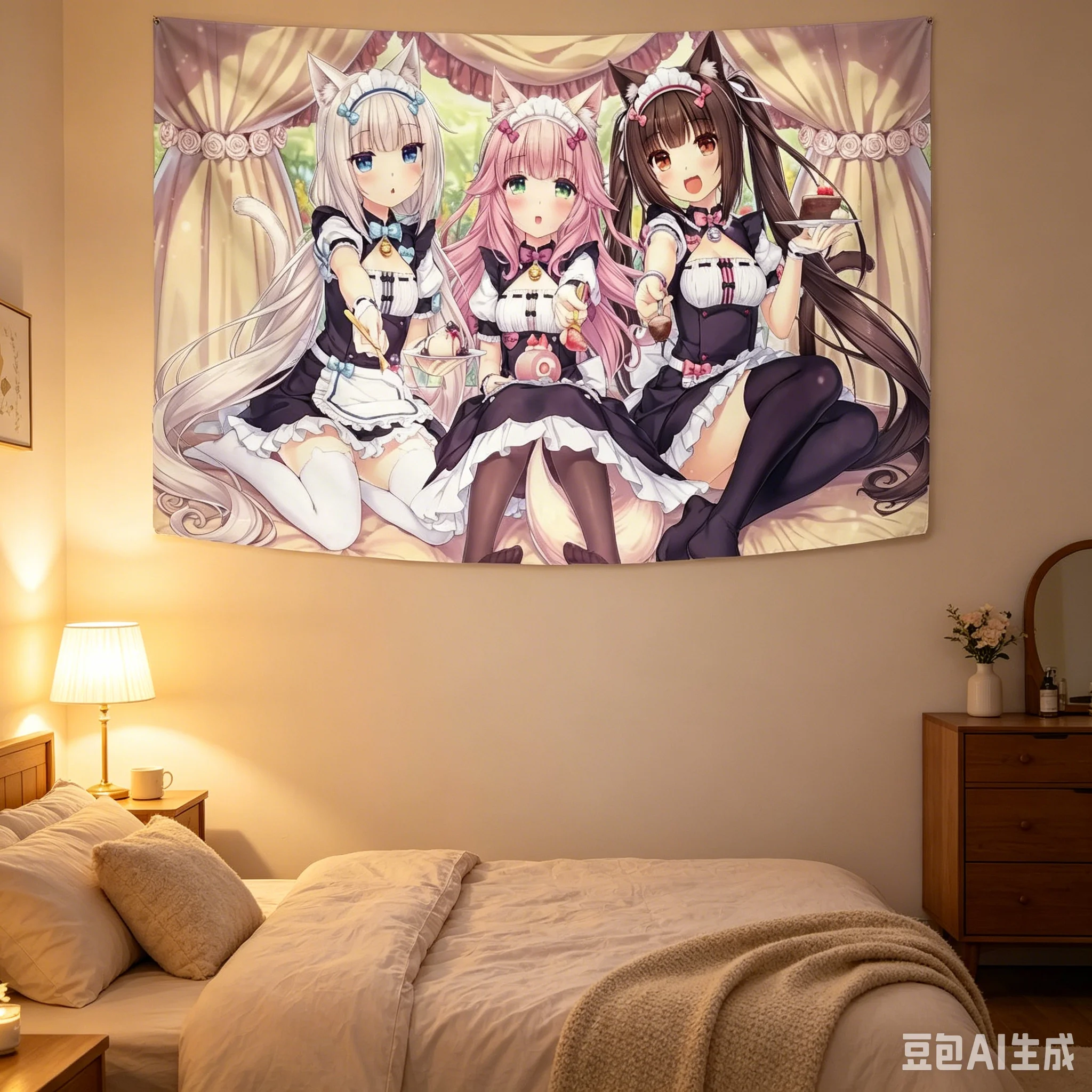 1pc Nekopara Cat Girl Maid Tapestry, Chocola Vanilla Wall Hanging, Cool Room Stuff, Large Size, Polyester 2D Print, Bedroom Stuf