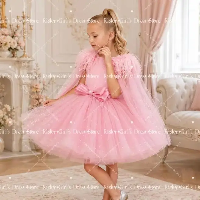 customized-pink-flower-girl-dress-for-wedding-ceremonies-tulle-puffy-sequin -feather-cloak-kids-birthday-banquet-princess-gowns