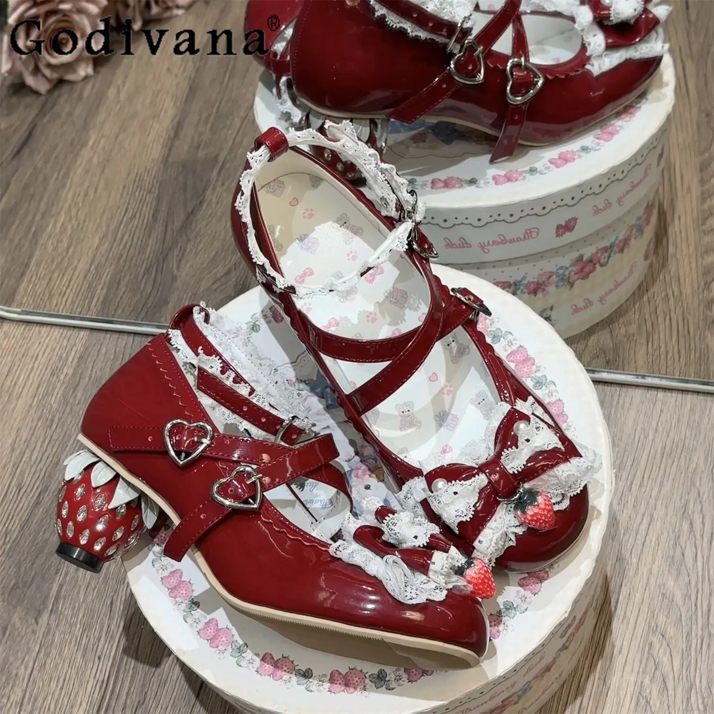 

Original Lolita Red Mary Jane Shoes Spring Summer Japanese Sweet Girl's Cute Bow Lace Splicing Strawberry Shoes Lo Heel Pumps