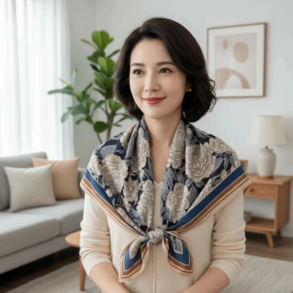 

Breathable Mom Square Headscarf Lightweight Sunscreen Double-sided Printed Silk Scarf Headband Personalized Design