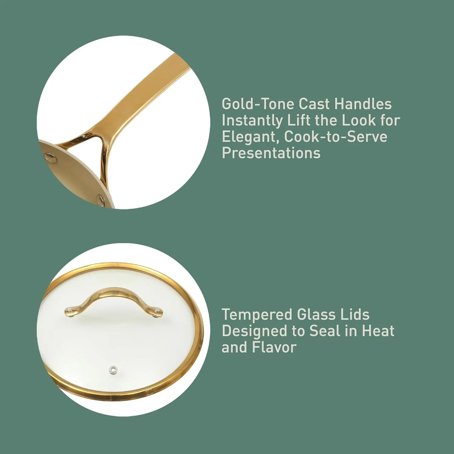 15 قطعة من الأواني والمقالي المصنوعة من الألومنيوم عالي التحمل وخالي من مادة PFA من السيراميك غير اللاصق مع غطاء - كريمة اللوز مع مقبض ذهبي