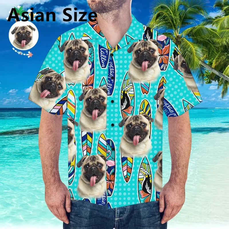 Camisas hawaianas divertidas y personalizadas con cara de perro para hombre, camisa de manga corta con estampado 3D de cara de mascota DIY, blusa holgada y transpirable