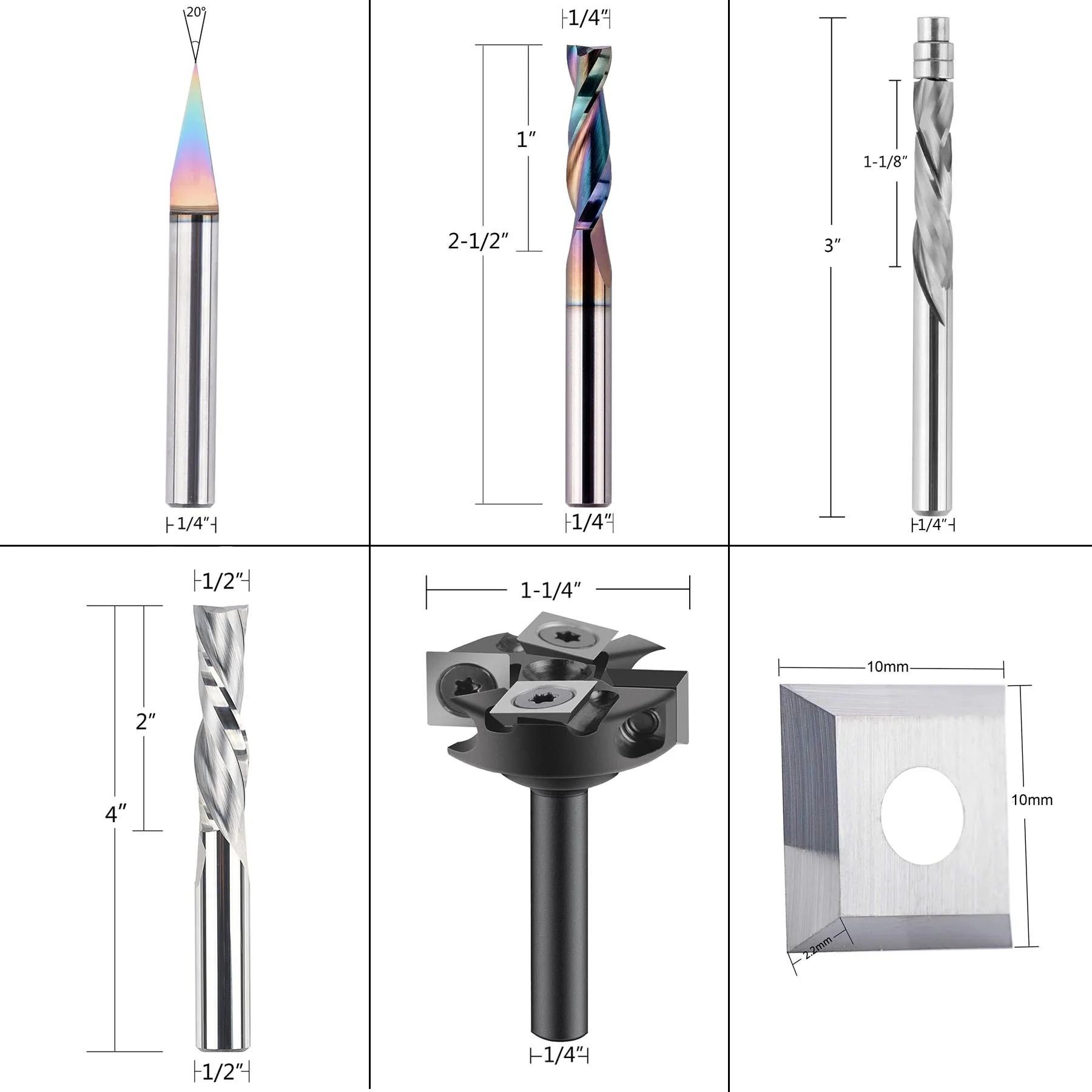 SpeTool 6PCS 1/4 1/2 Inch Shank Solid Carbide CNC Router Bits Set for Woodwroking Carving Trimming Flattening Multi-Purpose Bit