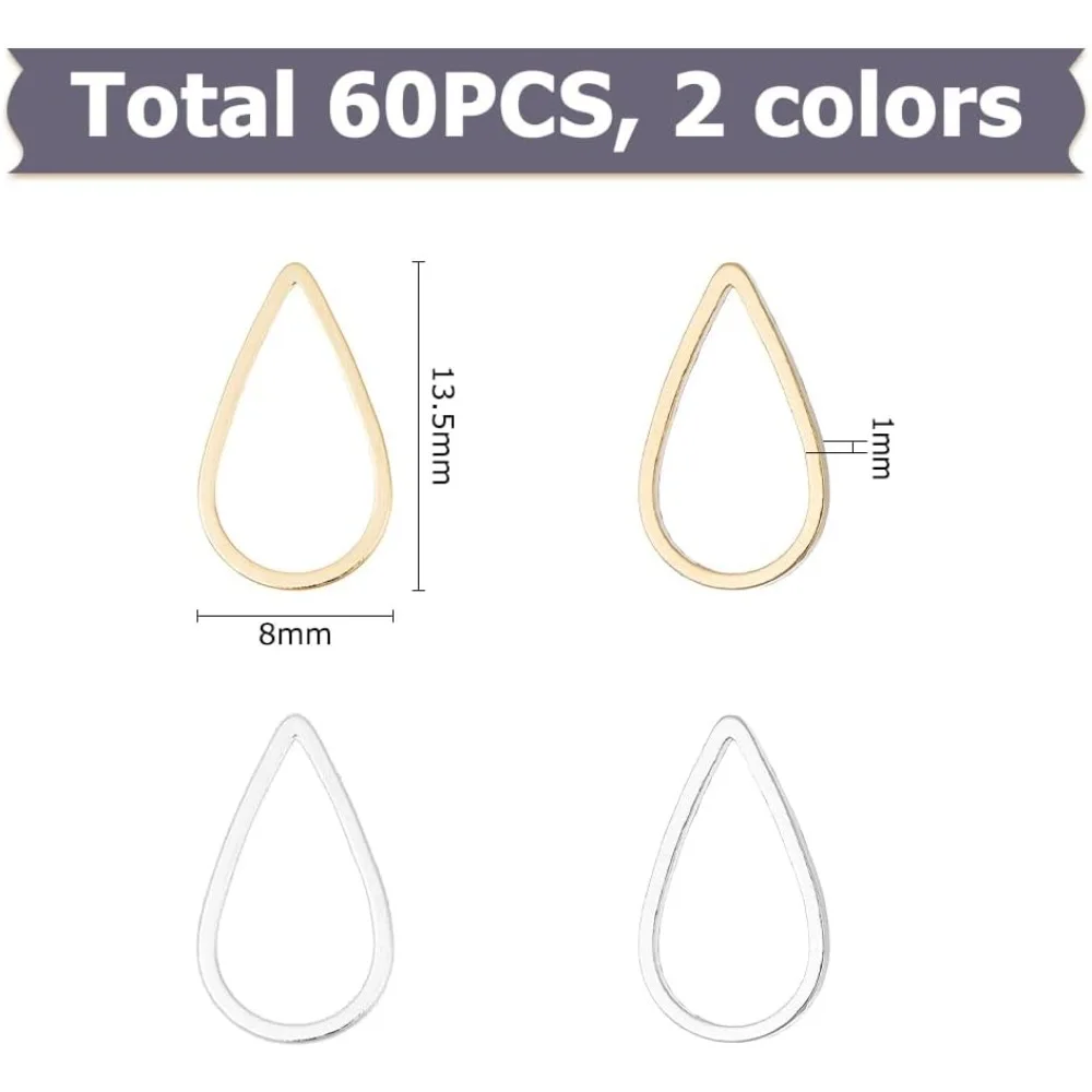 60Pcs 2 Colors Teardrop Charm Connectors Brass Drop Linking Rings Waterdrop Open Bezels Teardrop Hollow Frames for Bracelet - view 2
