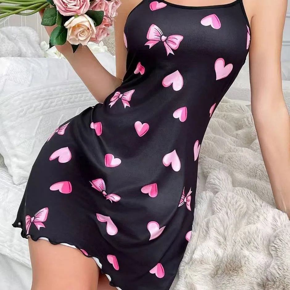 

2025 Valentine's Day Women's Red Love Print Chemise Nightdress Satin Slip Dress Sleepwear Loungewear Sexy Mini Dress Women Dress