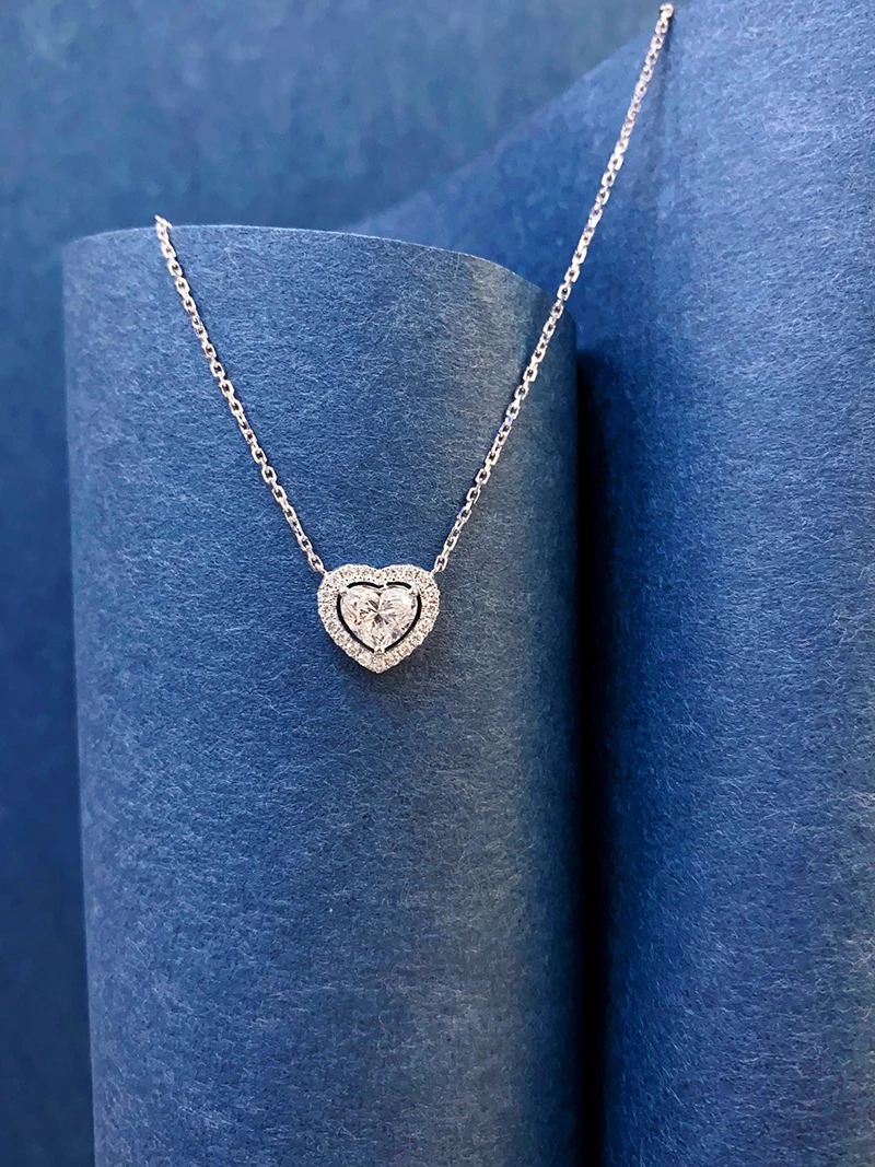 LUOWEND 100% 18K White Gold Necklace Romantic Heart Design Real Natural Diamond Pendant Necklace for Women High Wedding Jewelry