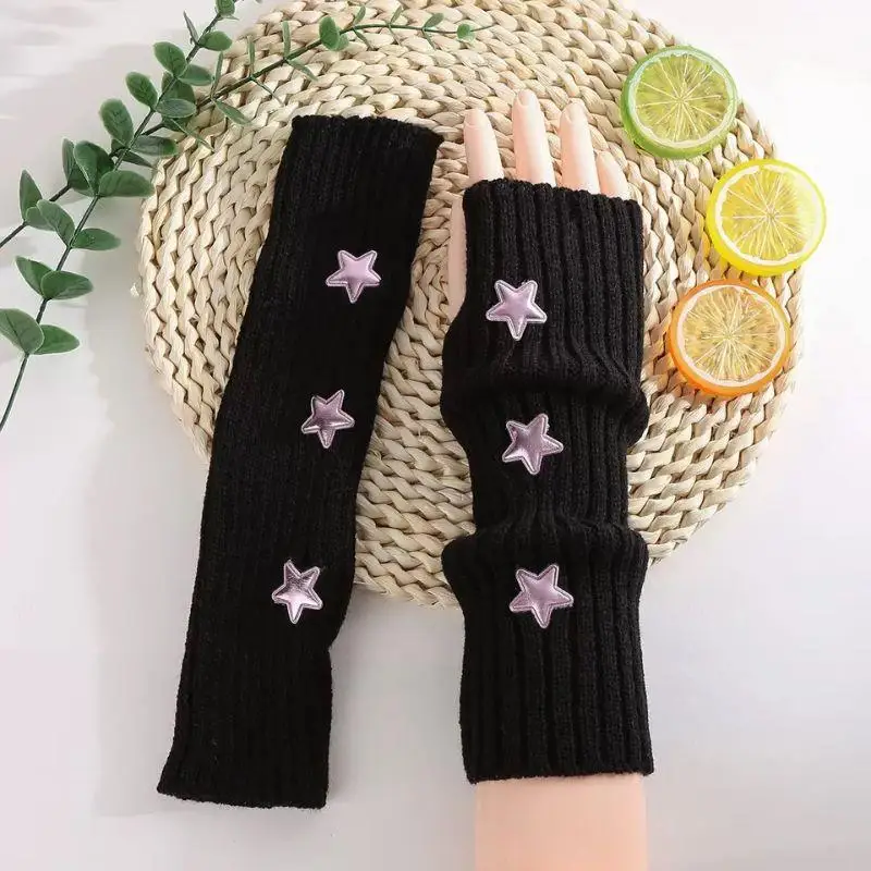 

1Pair Y2k Cool Knitted Arm Warmers Outdoor Punk Long Fingerless Gloves With Star Decoration White Black Long Wrist Elbow Mitten