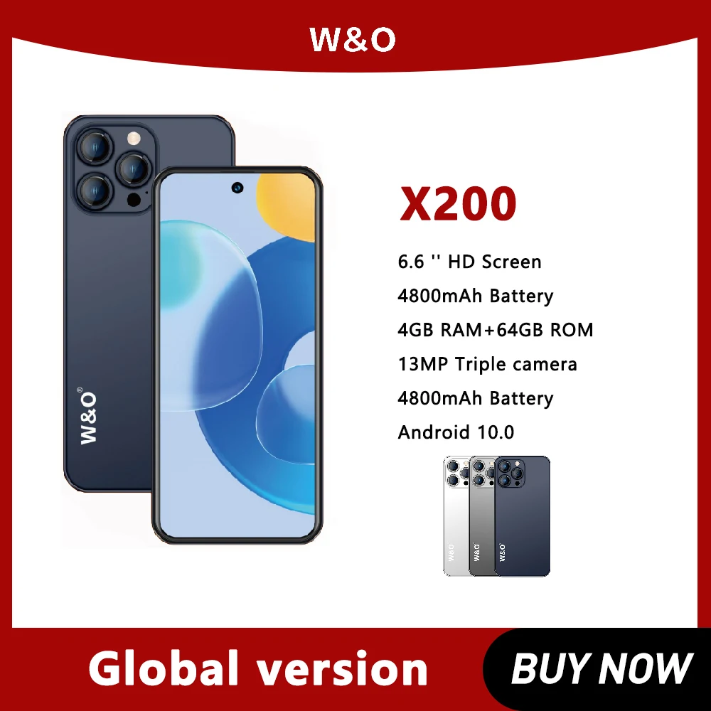 W & O-Smartphone Android X200 4G, téléphone portable, 4 Go de RAM, 64 Go de ROM, téléphone portable Dean, 6.53 pouces, touristes, Epi4800 mAh, batterie 5 + 13MP, téléphone portable en vente