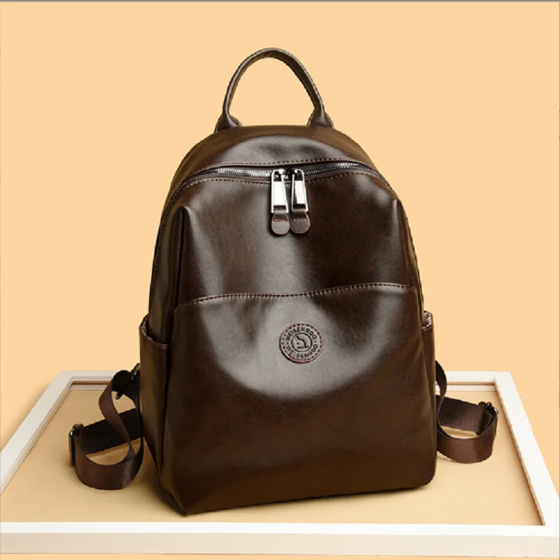 New Women's Fashion Vintage High Quality Leather Double Zipper Shoulder Bags Totes Large Capacity Travel Backpacks School Bag