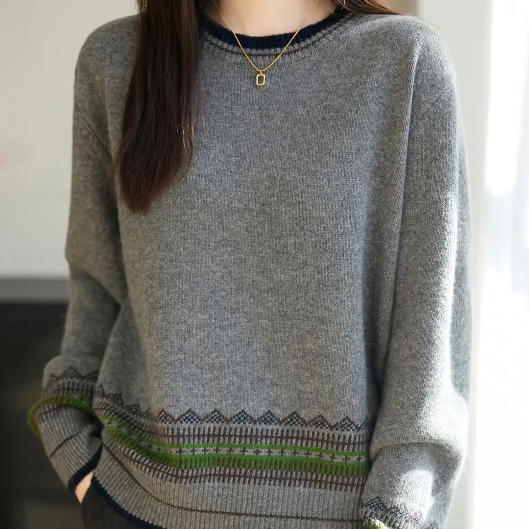 

Ethnic Jacquard Sweater Women 2026Autumn Winter Round Neck Pullover Ladies Coat Loose Lazy Wind Knitwear Retro Exterior Wear Top