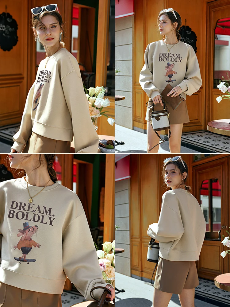 OLrain Cropped Printing Sweatshirts for Women 2025 Spring American Style Vintage Cotton Knit O Neck Pullover Top N56QR89002