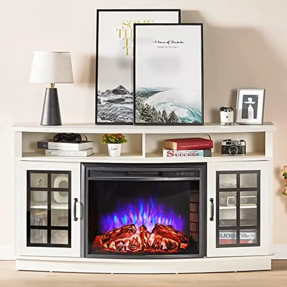 Curved Electric Fireplace TV Stand Rustic Farmhouse Media Entertainment Center Glass Door Storage Cabinet 26