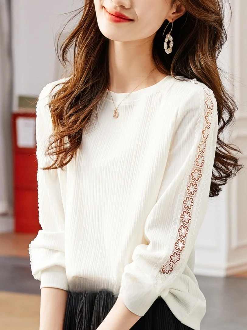 

Faionable Outlet Women's T-irt Spring Autumn Gentle Sle Versatile Slimming Top Polyester Spandex Long Sve round Ne