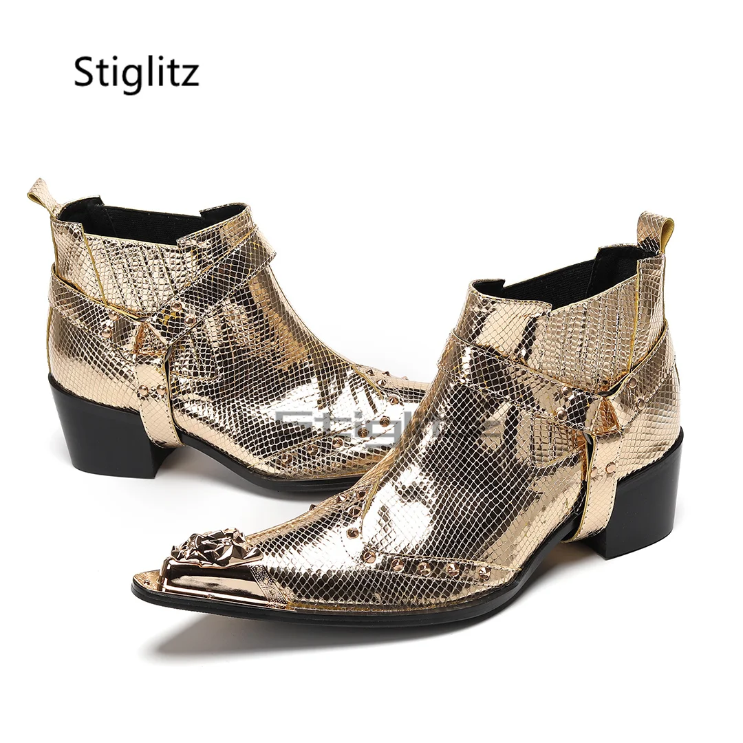 Men's Rivets High Heels Chelsea Boots Gold Metal Pointed Toe Genuine Leather Ankle Boots Autumn Winter Business Party Shoes