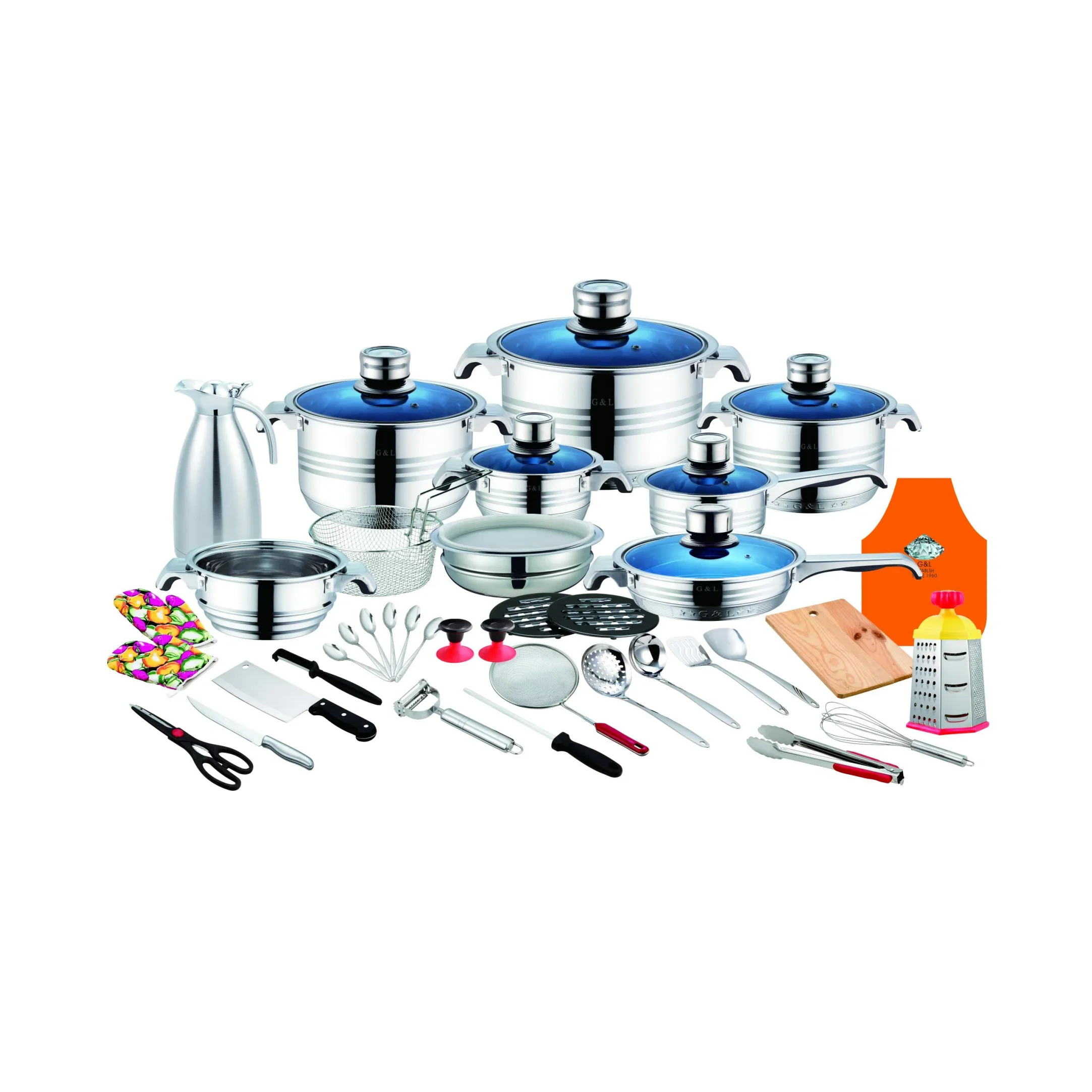 Modern Stainless Steel Kitchen Cookware Set with Induction Bottom Eco-Friendly Cooking Pans and Glass for Home or Camping Use