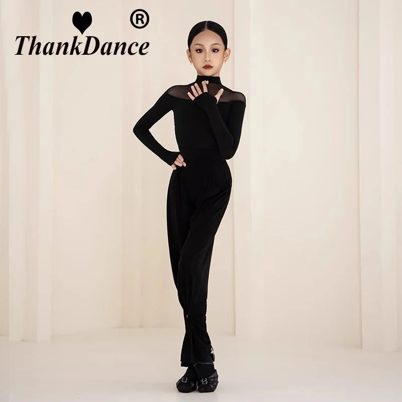 子供ラテンダンススーツ服女の子ラテン練習着黒トップスパンツ長袖社交ダンストレーニング衣装セット