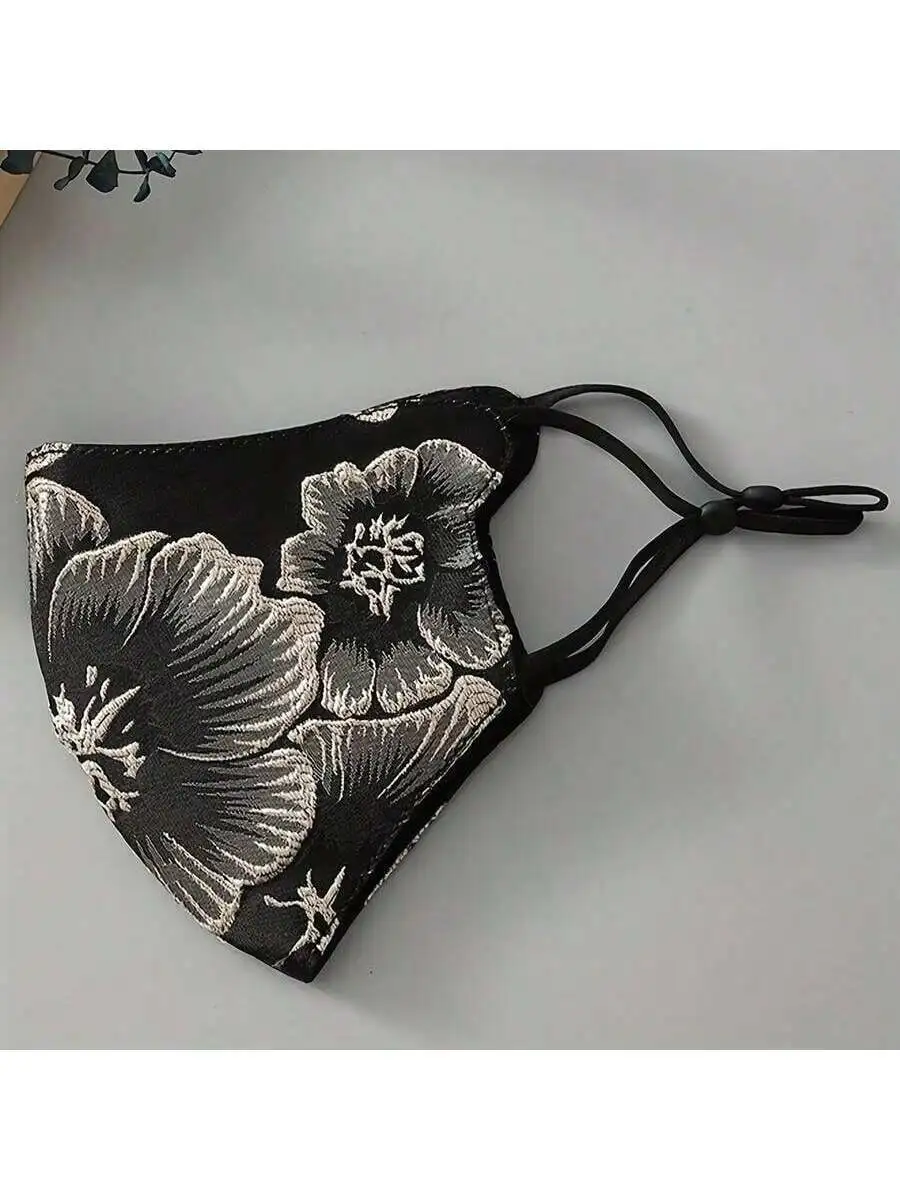 

Elegant 3D Peony Embroidered Face Mask For Women Windproof Breathable Adjustable Ear Loops Floral Design