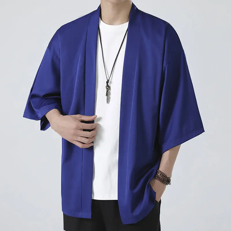 Blue Men's Shirt Japanese Kimono Shirt Kimono Cardigans Men Lightweight Tops Kimono Men Cardigan Cloak Robe Kimono Haori