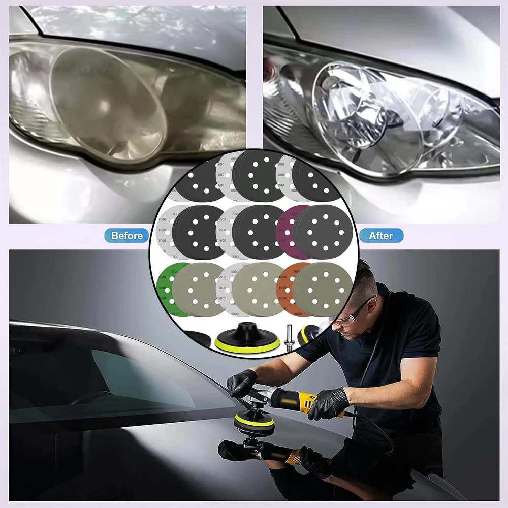45PCS 5 Inch 8 Hole Wet Dry Sanding Discs Kit Hook and Loop Sandpaper with Backing Pad M10  for Orbital Sander Car Wood Metal
