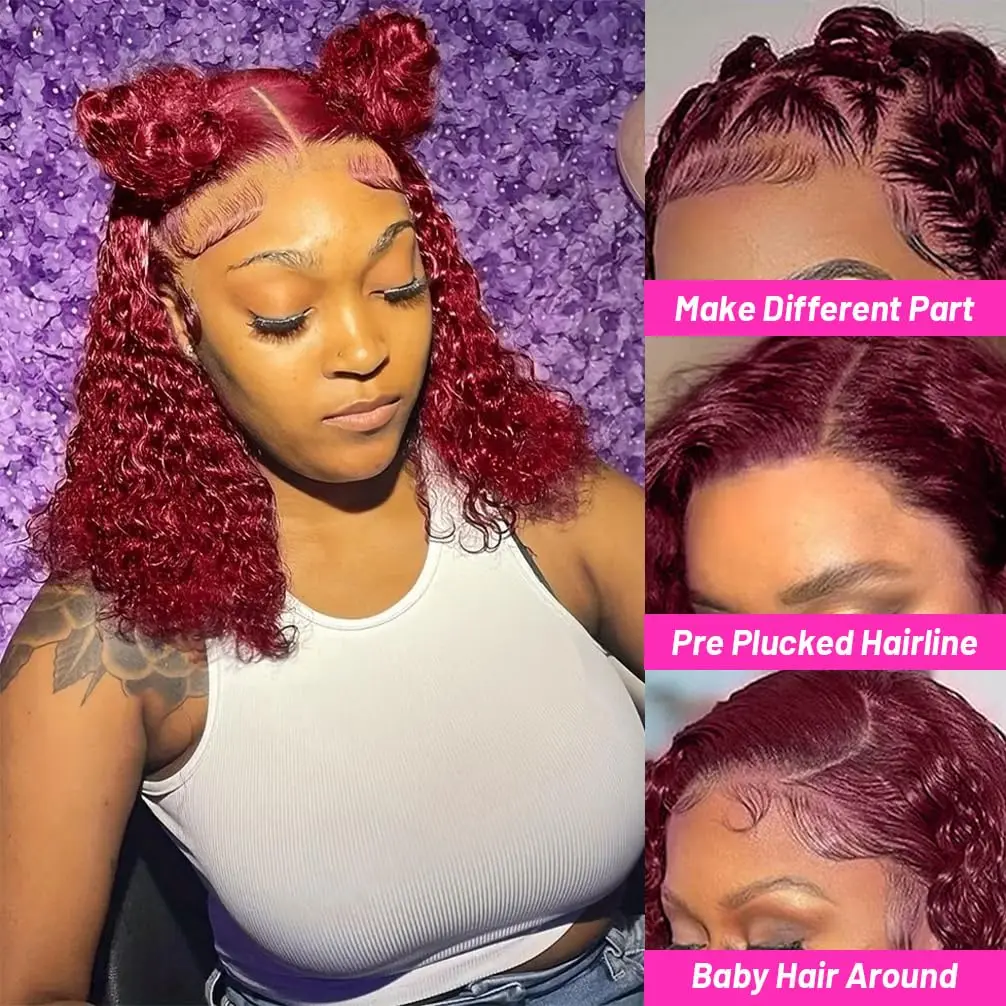 99J Colored Curly Water Wave Lace Front Wig Burgundy Red Remy Short Cut Bob Frontal Human Hair Wigs Women Pre Plucked Wigs 200%