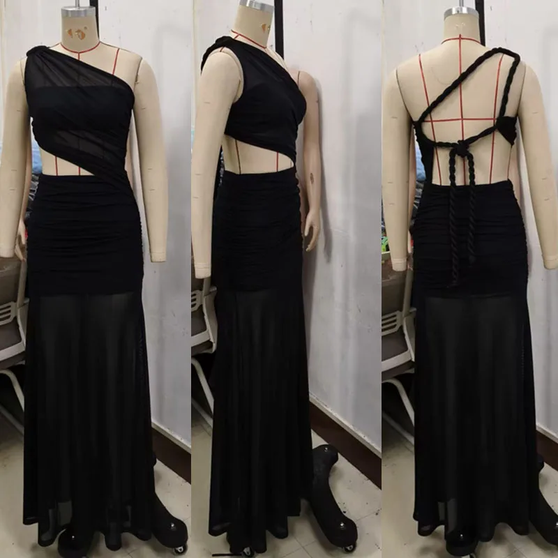 Doyerl Abito lungo sexy in rete con una spalla Abito da sera patchwork da donna Tubino tagliato senza maniche Night Club Abiti lunghi da festa Vestaglie