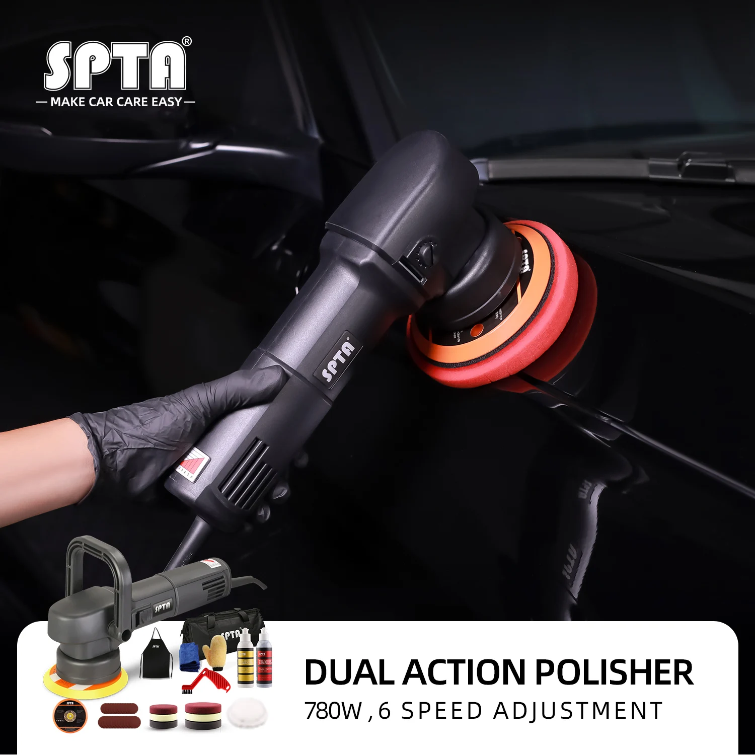 SPTA 5 Inch 125mm 780W Dual Action Car Polishing Machine 8mm Random Orbital DA 6 Variable Speed with Foam Pads Accessories