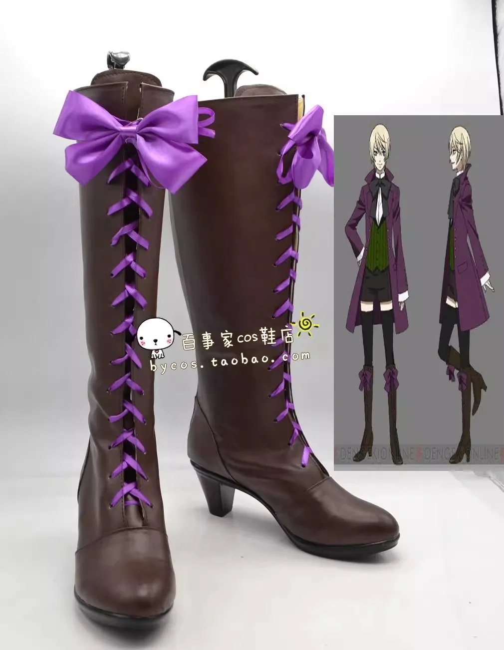 

Black Butler 2 Alois Trancy Cosplay Costume Shoes Handmade faux Leather Boots Purple Bow High Heeled Boots