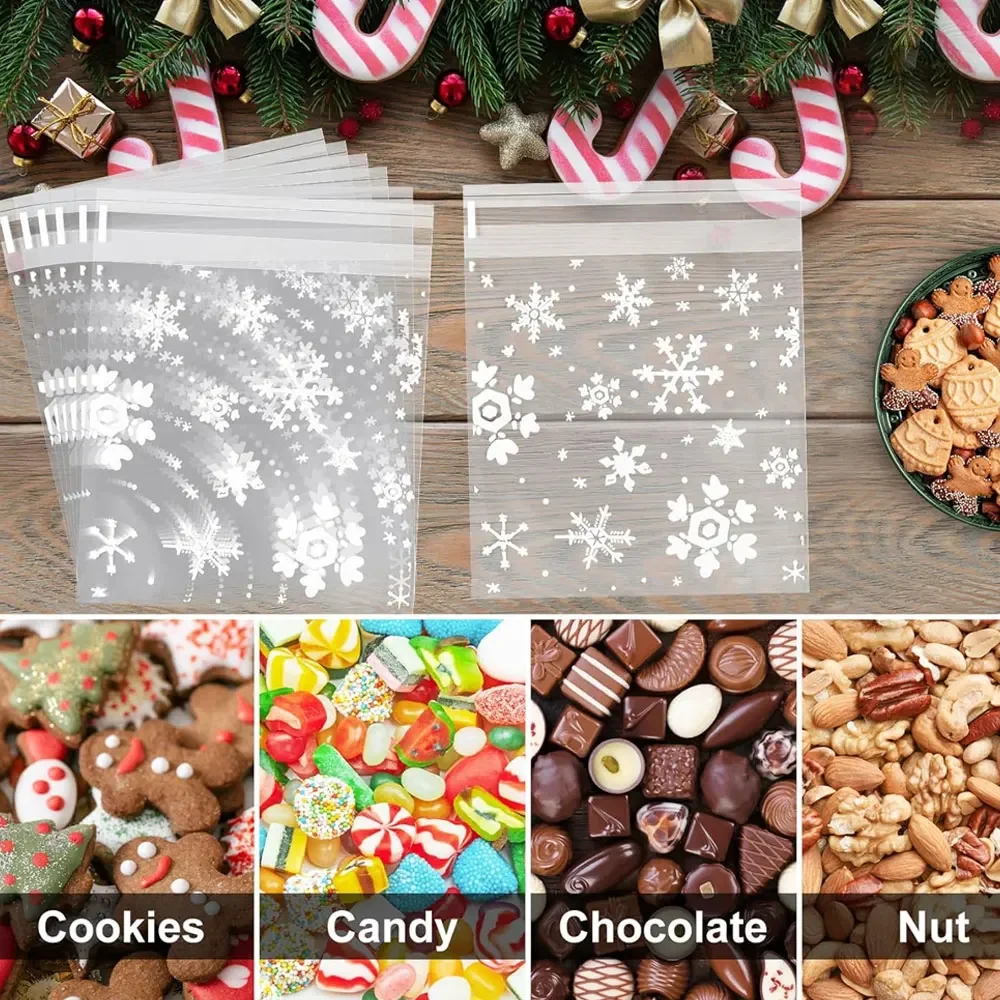 

50Pcs New Clear Christmas Snowflake Cookie Bag Plastic Cellophane Self Adhesive Seal Bakery DIY Baking Decoration Gift Bags