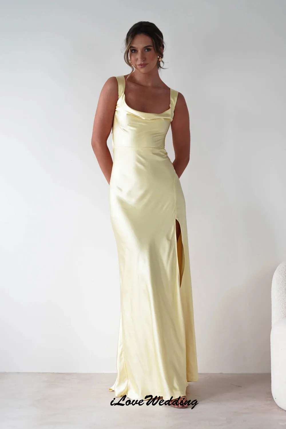 

Customized Sleeveless Yellow Bridesmaid Dresses 2025 Boat Neck Elegant Lace-Up Wedding Party Dress For Women Guest Floor Length