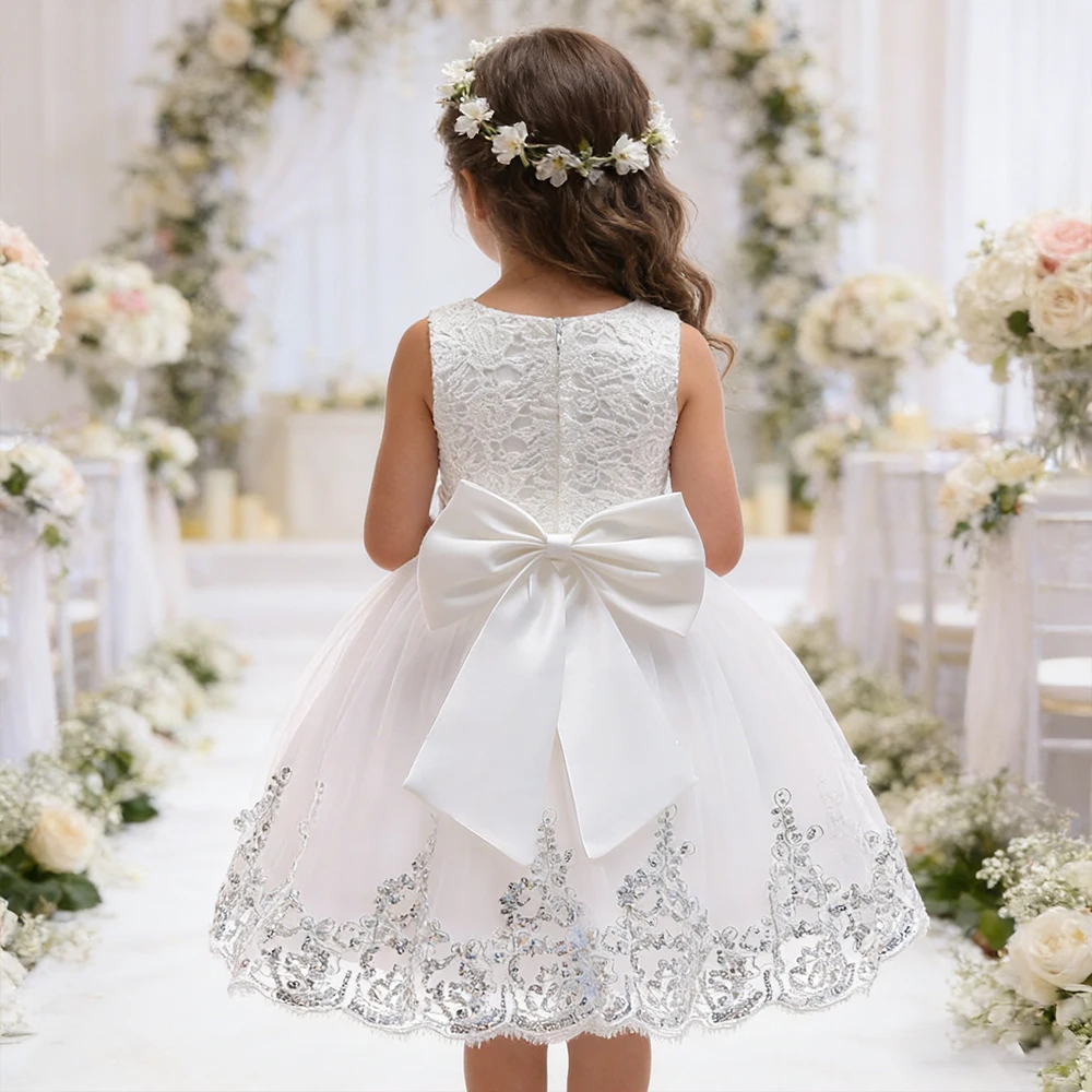 Fashion Sequin Flower Child Dress for Weddings Little Bridesmaid Princess Girls Lace Tulle White Dress Birthday Evening Gown
