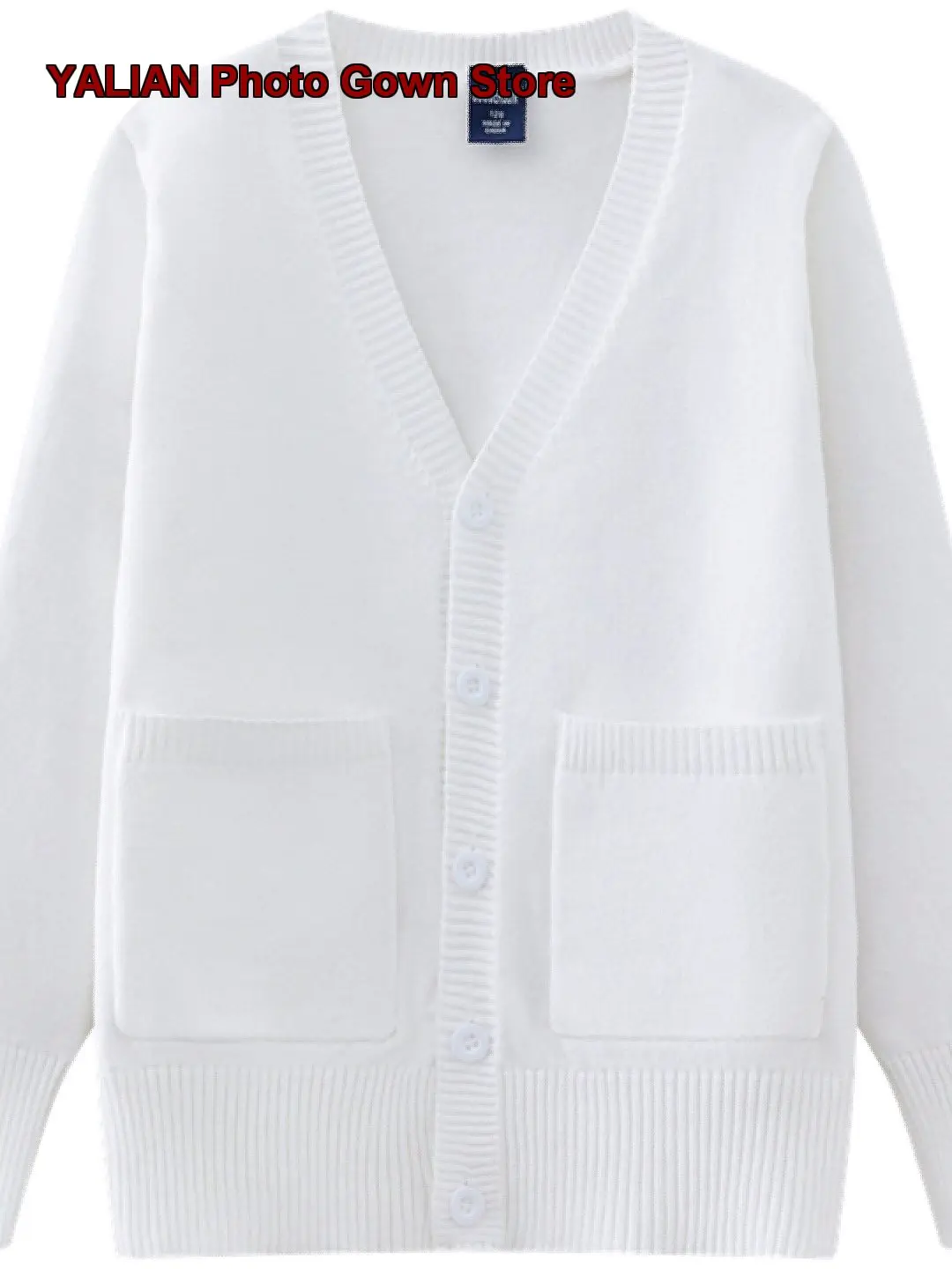 Solid Color V-Neck Knit Cardigan College Style Pure Cotton Pocketed Students’ Plain Knit Coat Kids