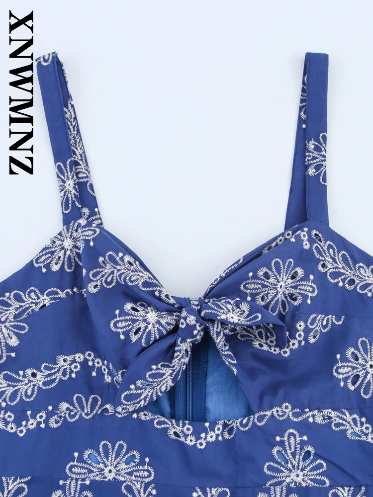 XNWMNZ 2025 verano mujer boho Sexy correa de hombro delgada vestidos midi vacaciones moda mujer ropa azul sin mangas vestido elegante