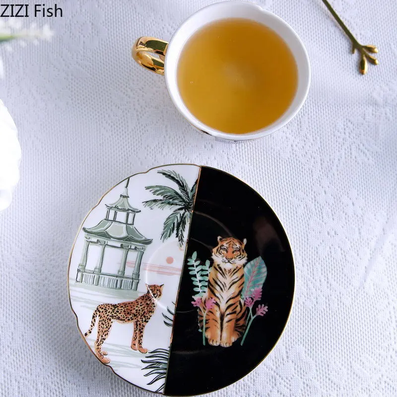 Watercolor Tiger and Leopard Ceramic Cups Gold-plated Coffee Cup Painted Mugs Afternoon Tea Teacup Milk Fruit Juice Container